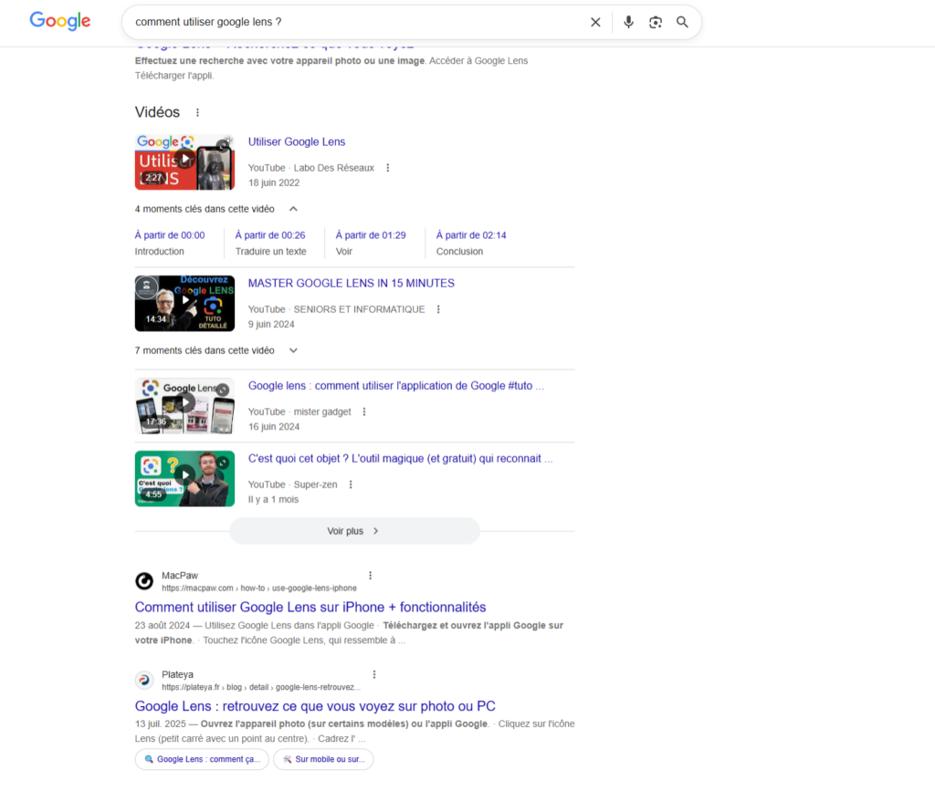 Résultats Google mixtes avec vidéos YouTube et articles pour une recherche pratique