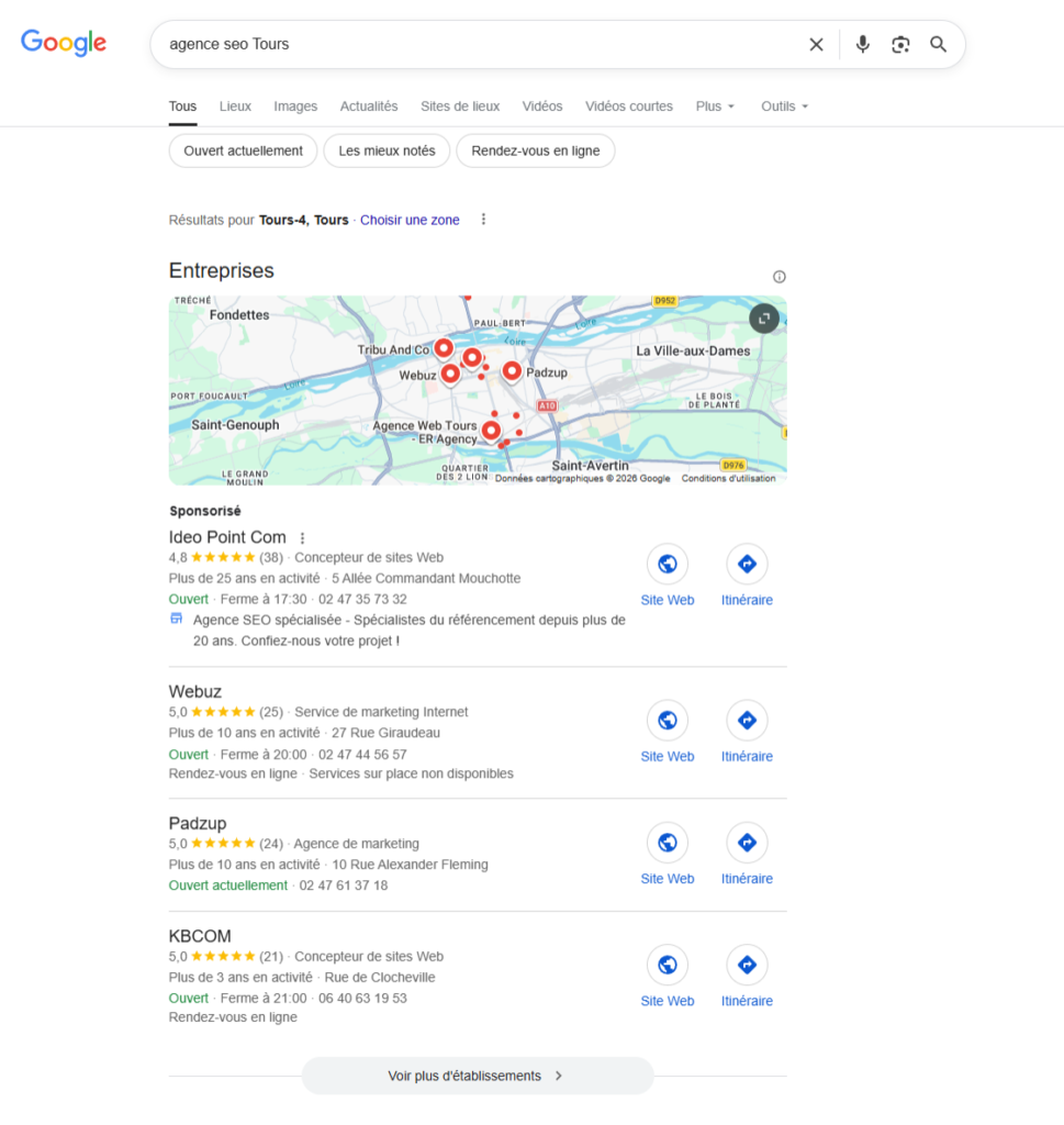 Résultats SEO local Google Maps pour une recherche à Tours (Local Pack)